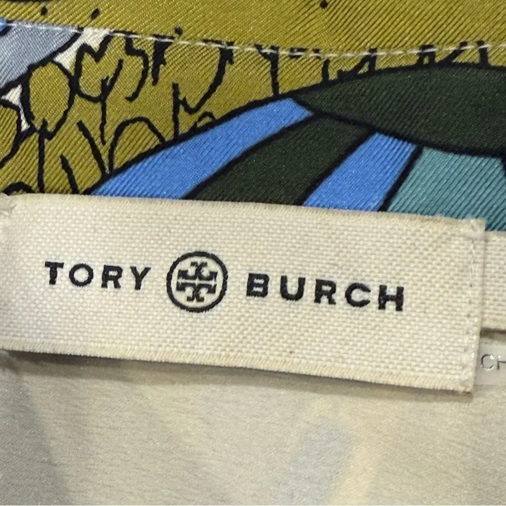 Tory Burch Green and Blue Hot Air Balloon Print Silk Twill Blouse Size 8 EUC